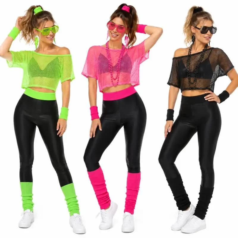 80s Hippie Disco Outfit Set Neon Mesh Crop Top Leg Warmers Headband Earrings Glasses Retro Halloween Carnival Costume Accessorie