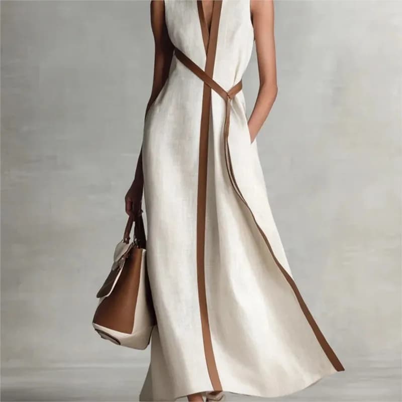 Abito Lungo Casual a Righe con Patchwork Senza Maniche, Elegante Vestito Estivo con Scollo a V e Contrasto di Colori, Nuovo Abito Femminile per l'Estate e il Lavoro