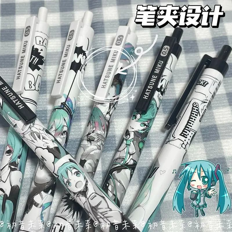 Set di 6 Penne Gel Nere Hatsune Miku 0.5mm, Scrittura Fluida, Penne per Firma Anime, Cancelleria per Ufficio e Scuola, Regali di Compleanno