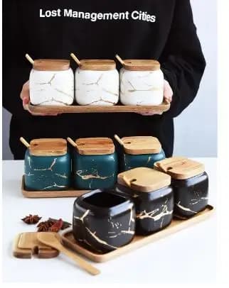 Set di Contenitori per Spezie in Ceramica Nordica con Effetto Marmo Dorato, Coperchio, Cucchiaio e Supporto in Legno per Cucina