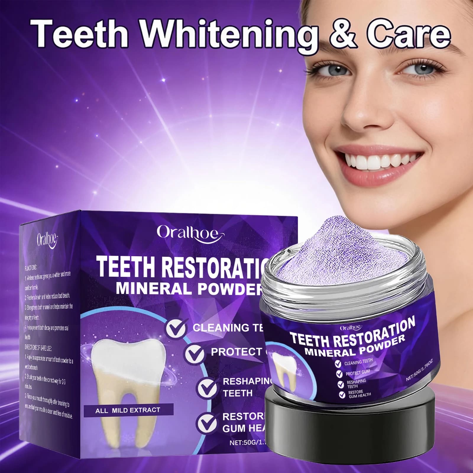 Teeth whitening powder: cleans yellow teeth, removes plaque stains, fresh breath, oral hygiene, teeth whitening products