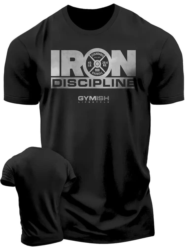 2026 Men Iron Discipline Gym Graphic T Shirt Weight Plate Print Short Sleeve Crewneck Fitness Workout Tee