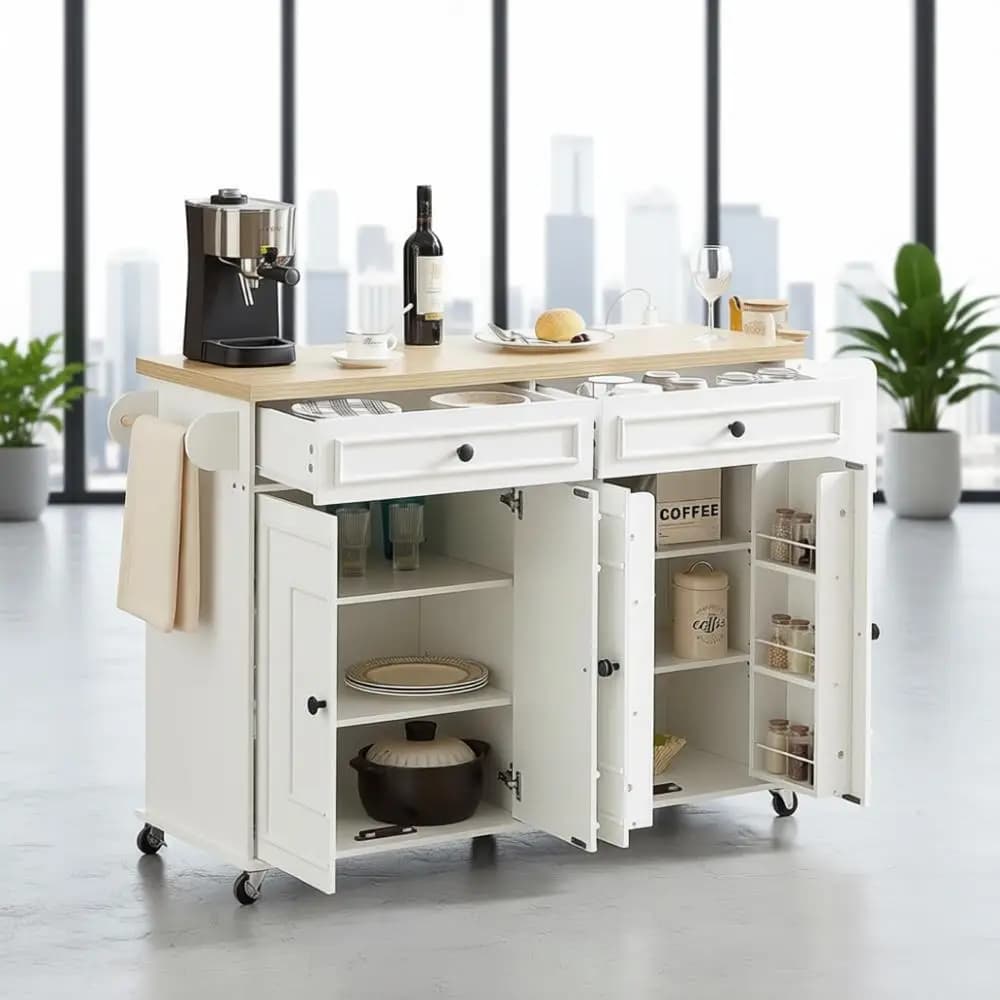 Carrello da cucina da 58 pollici con presa di corrente, portaoggetti, portaspezie, portasciugamani e portacoltelli