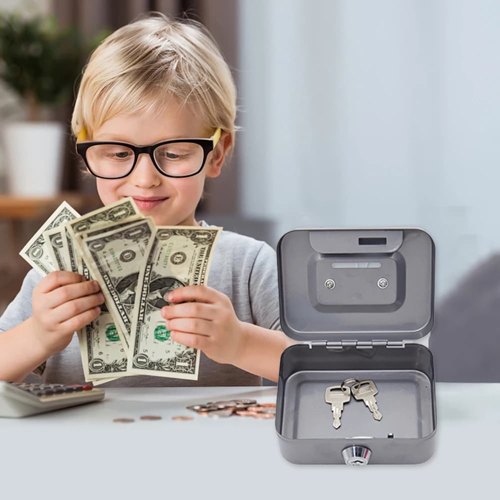 Metal Locker with Key Lock, Coin Container 4.53x3.78x2.28 inch, Money Organizer, Small Box Adult and Children