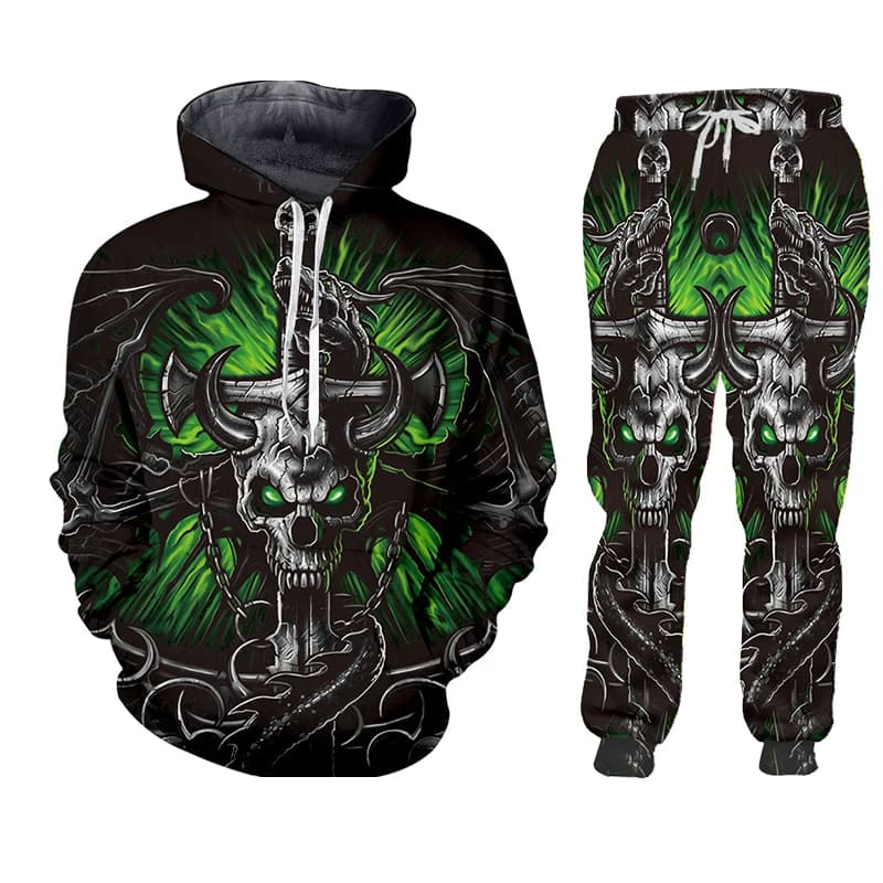 2 Pie Set maglione con cappuccio Scheletro Drago Teschio 3D stampato Abbigliamento sportivo da uomo Tuta Manica lunga Abbigliamento da uomo Autunno Inverno
