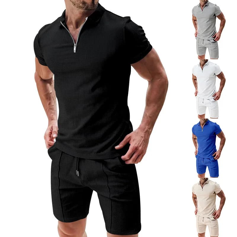 NEW Summer short sleeve Waffle Zipper Polo Shirt+Shorts 2 Piece Set Casual Sports Men suit Breathable Daily commuting Tracksuit