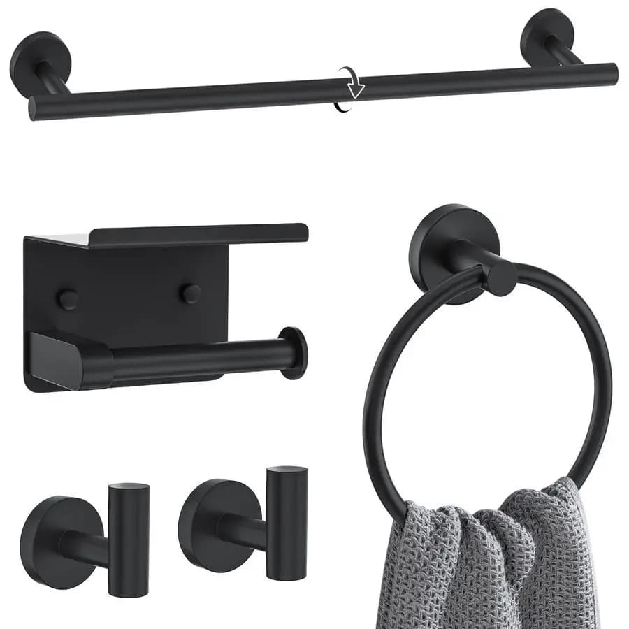 Set di Accessori per Bagno in Nero, 5 Pezzi, Set Portasciugamani Rotondo, Porta Carta Igienica Migliorato