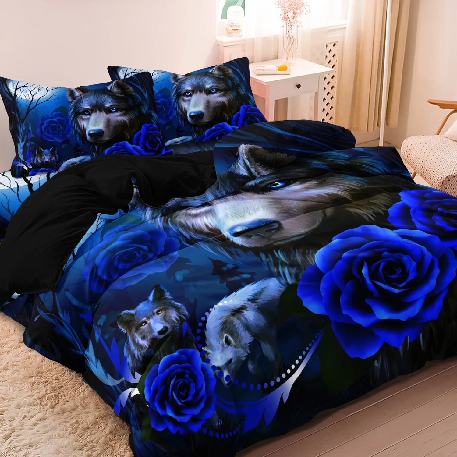 Set copripiumino con stampa floreale lupo blu e rose, 3 pezzi, set biancheria da letto ispirato alla natura, utilizzato per camere da letto familiari, dormitori, hotel