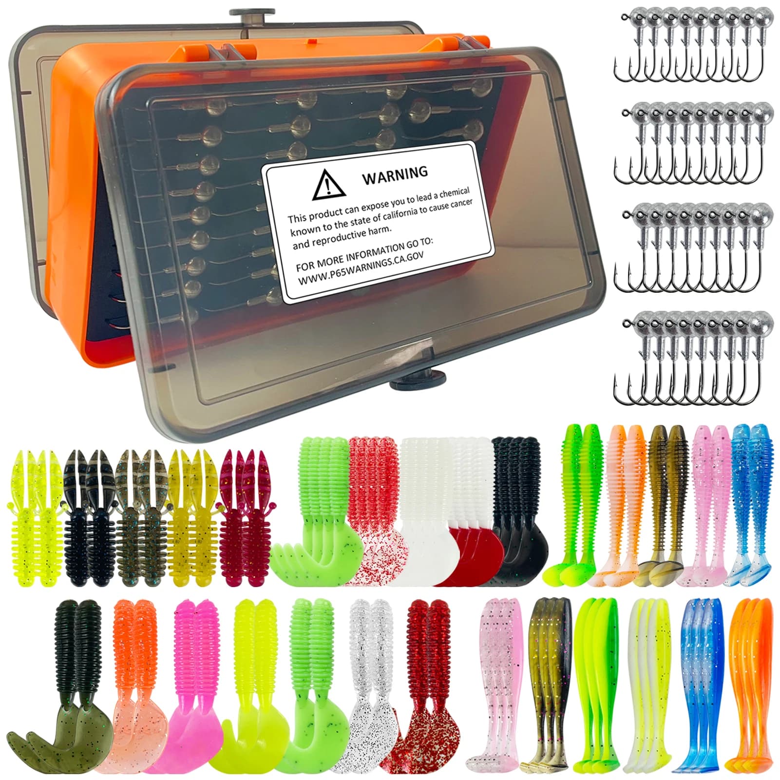 FREE FISHER 108pcs/Box Fishing Soft Lures Kit,Worm Grubs with Jig Head Hooks,Tail Swimbaits,Tackle Gear Baits Box for Bass/Pike