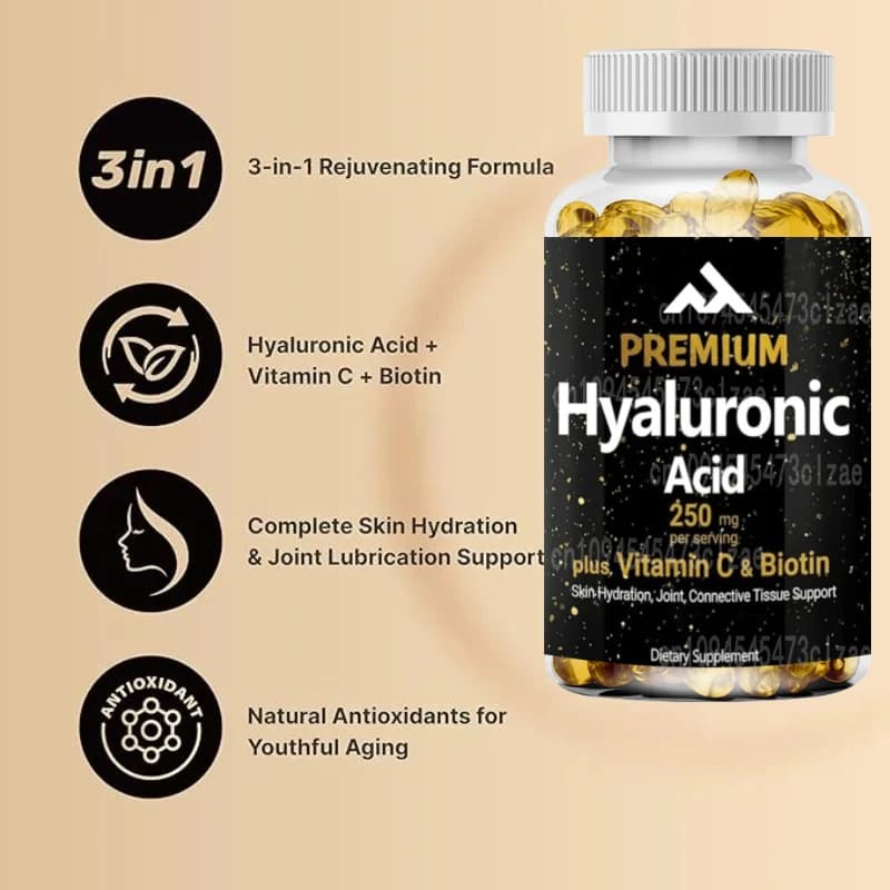 Hyaluronic Acid Supplements 250mg | 60 Capsules, with Biotin 5000mcg and Vitamin C 25mg, Support 3 in 1 - Skin Hydratation