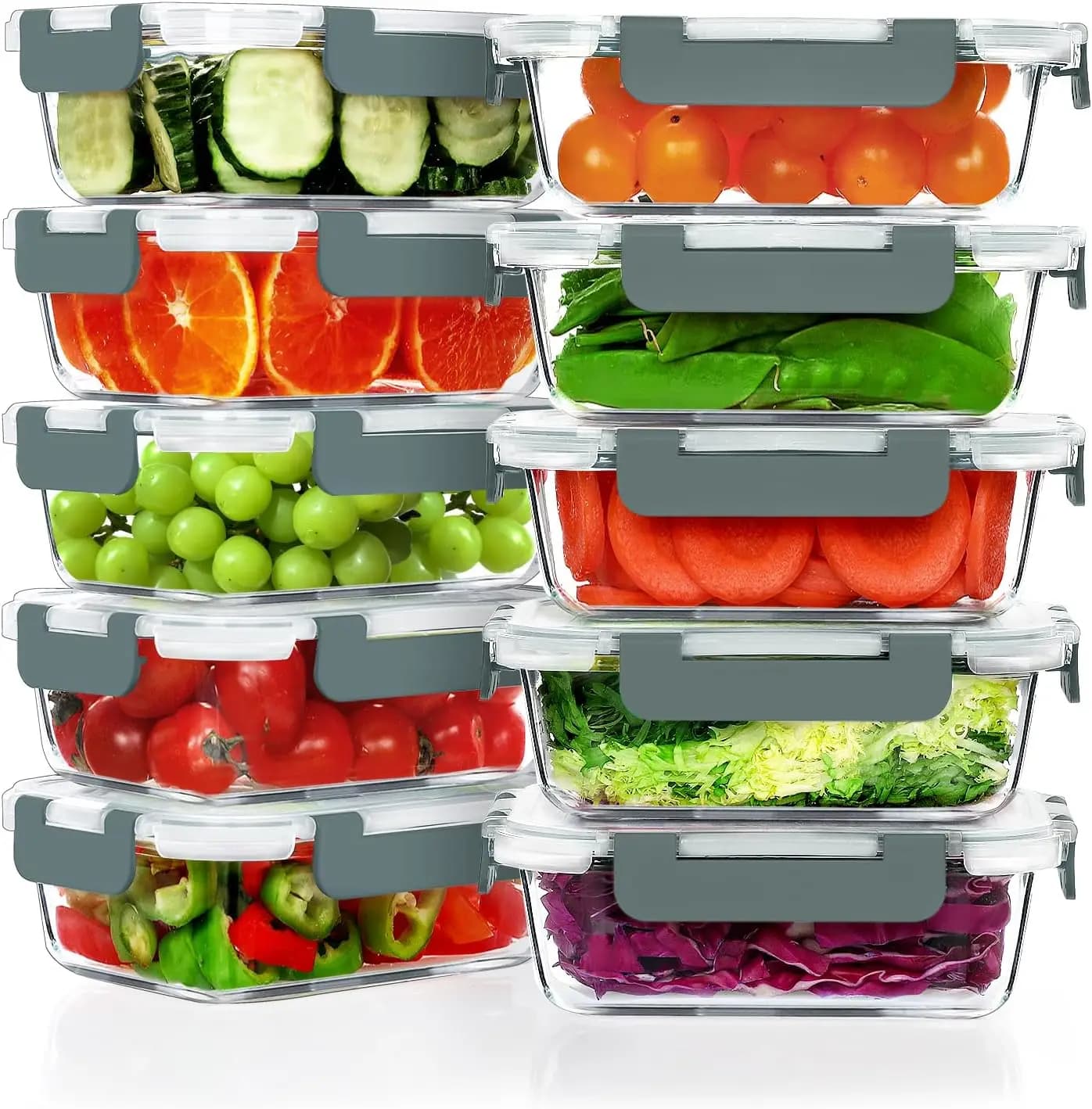 Set di 10 Contenitori in Vetro da 22 OZ per Preparazione Pasti con Coperchi Ermetici, Adatti per Microonde, Forno, Congelatore e Lavastoviglie, Grigio