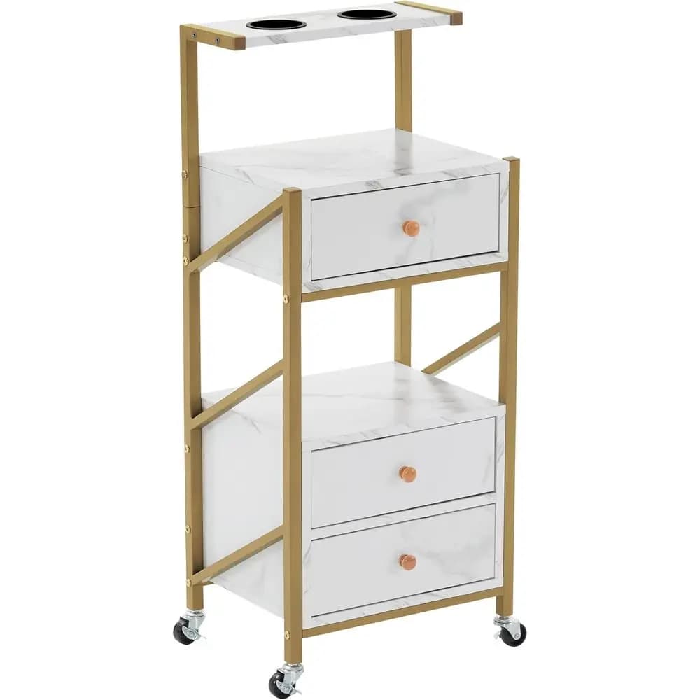 White Trolley with Wheels and Piano in Marble for Barbiere and Storage Cheats, 2 Supports for Hairdryer Included