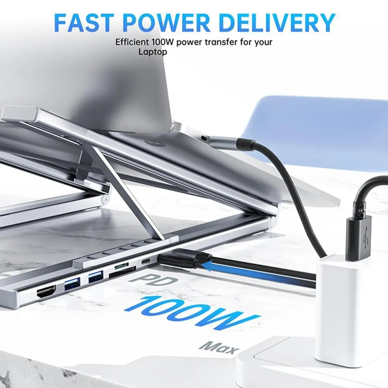 Scaffale per laptop USB C 8 in 1 con staffa per porta di aggancio Docking station Supporto per laptop in lega di alluminio Supporto per tablet ad altezza regolabile