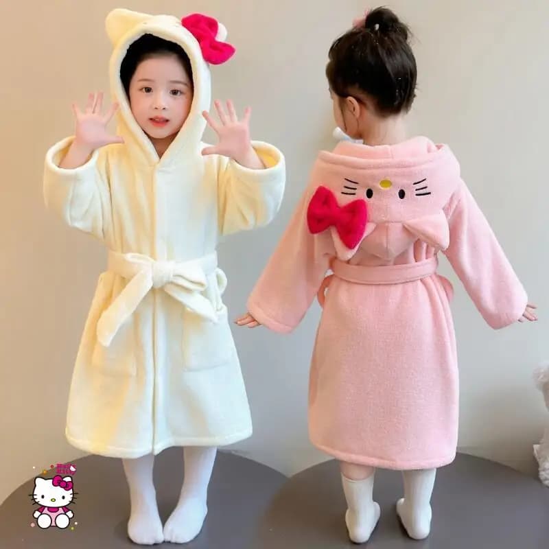 Sanrio Girl Loungewear Hello Kitty Anime Kawaii Casual Bathrobe loose winter Bathrobe Keep warm the night shirt for kids with flannel hood