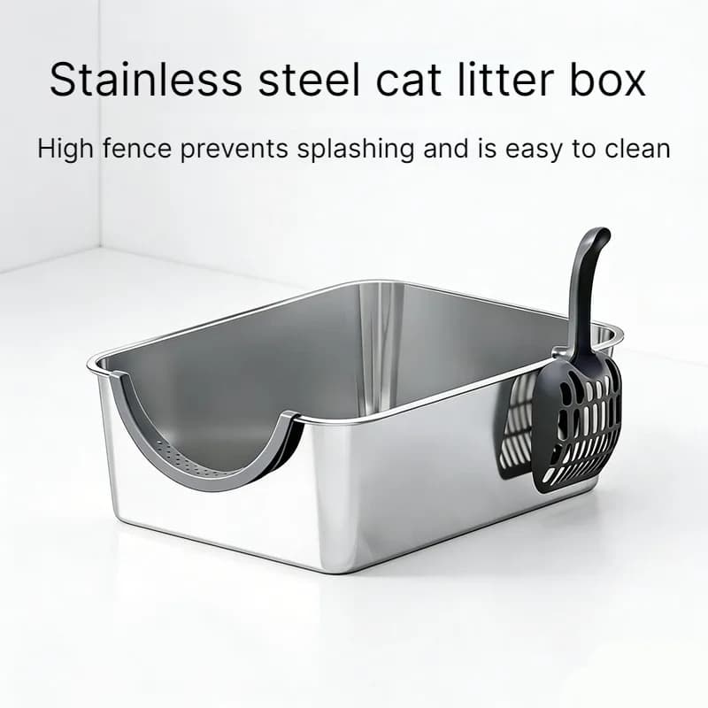 Stainless Steel Cat Litter Box Scoop Integrated Cat Sandbox High Fence Splash-proof Cats Litter Basin Easy Clean Kitten Toilet