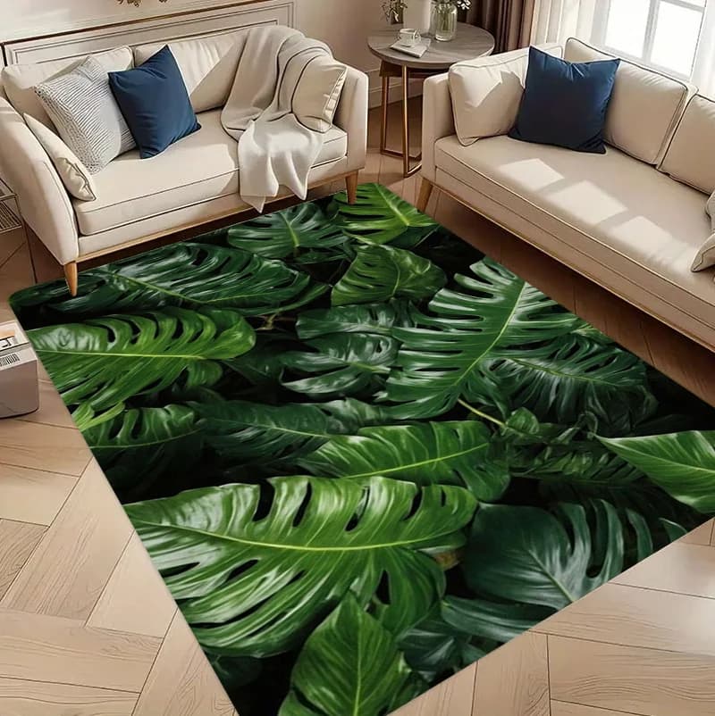Tappeto 2D con Foglie di Monstera Verde, Tappeto a Tema Piante Tropicali, Antiscivolo, Lavabile, per Bagno, Soggiorno e Cucina