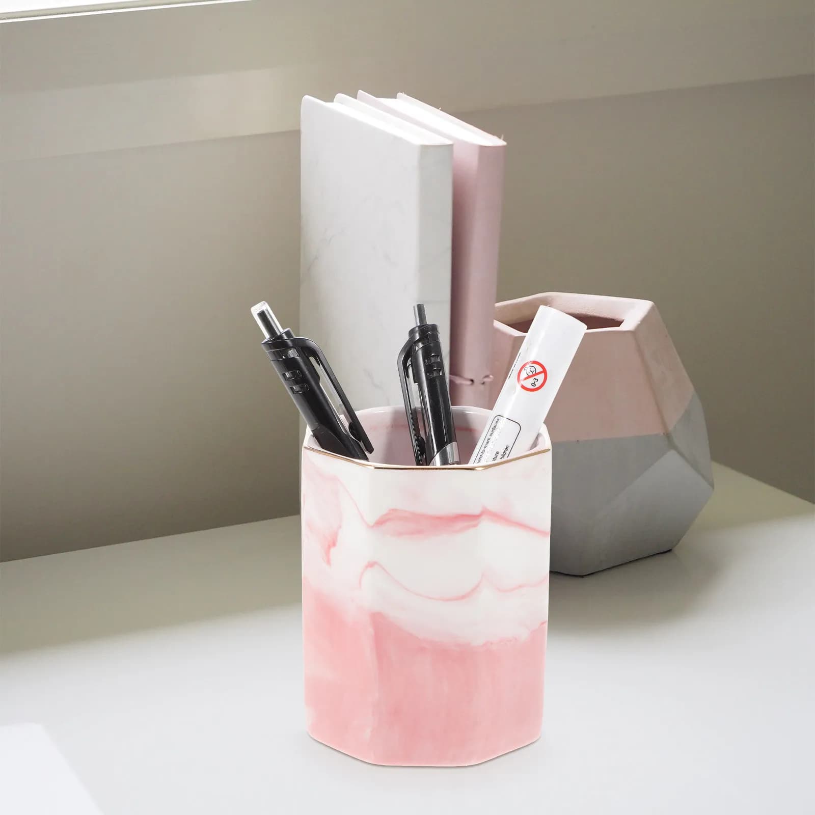 Portapenne in Marmo Esagonale, Organizzatore da Scrivania per Penne, Pennelli per Trucco, Spazzolini, Accessori per Ufficio, Decorazione da Scrivania per Donne