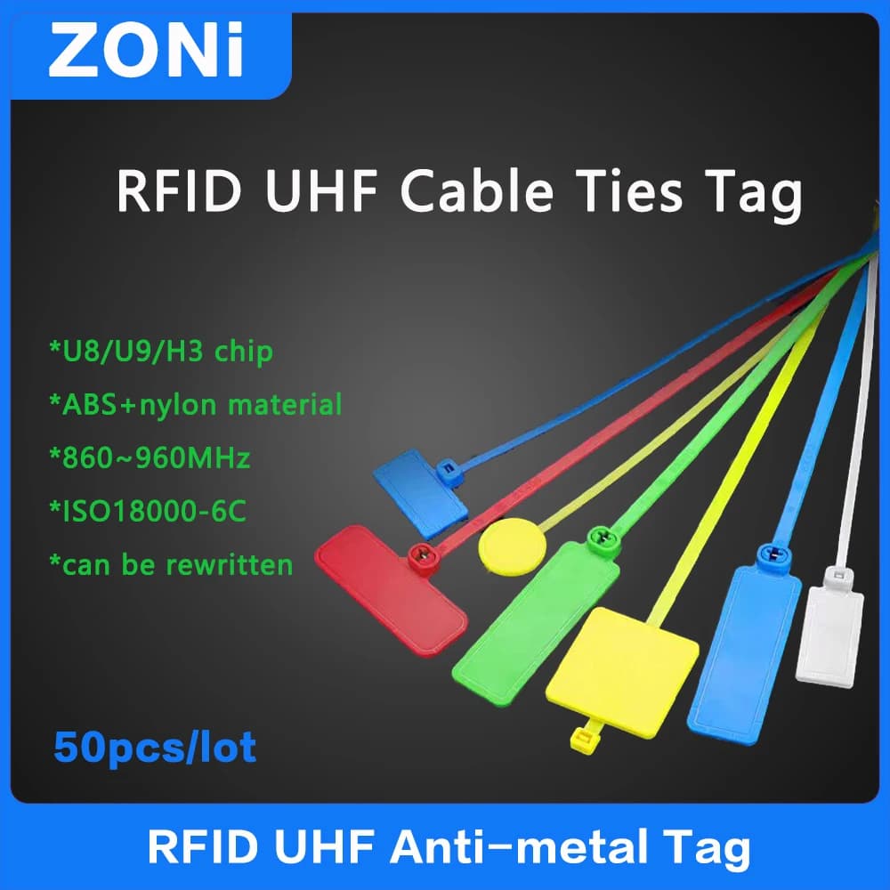 Fascette per cavi RFID UHF Tag 860-960 MHz 18000-6C Etichetta elettronica in bundle usa e getta Etichetta per la gestione dei cavi e dei cavi 50 pezzi