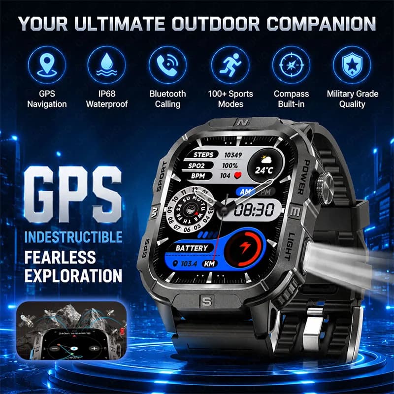 Outdoor GPS Smart Watch Compass 3ATM Waterproof 100+ Sports Modes Flashlight Health Monitoring Wireless Call Men Smart Watch