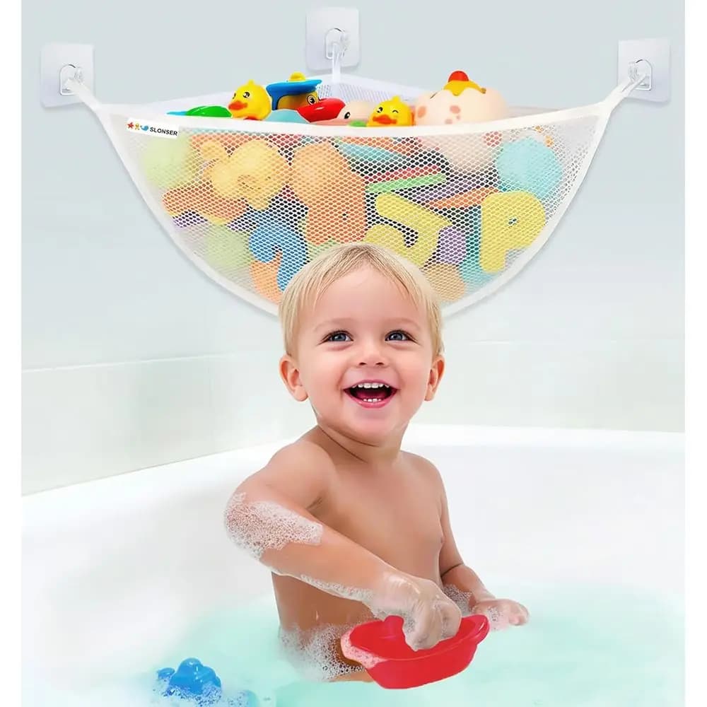 Large Mesh Bath Toy Organizer with Suction Cups and Hooks for Quick-Dry Storage