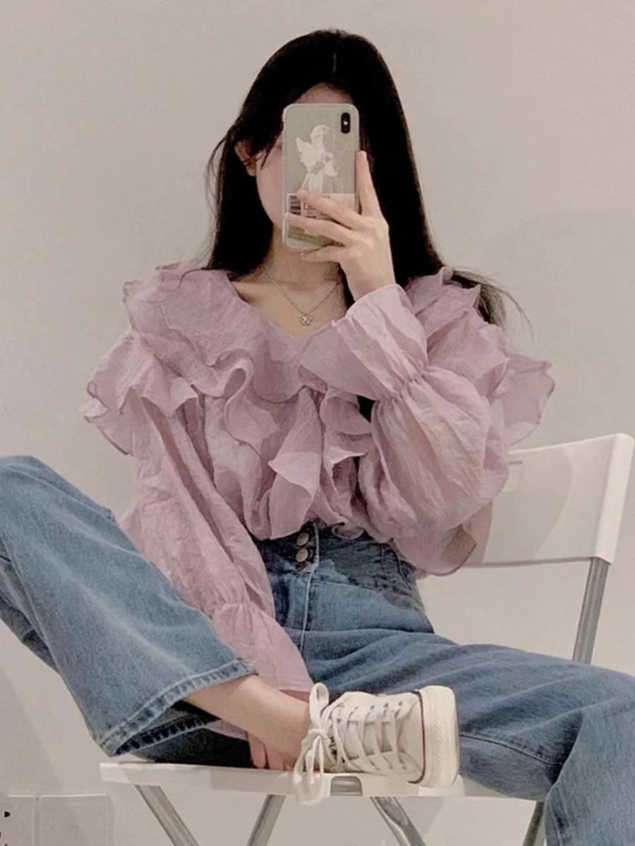 Spring Fashion Women's Long Sleeve Chiffon Shirt Thin Design Irregular Lace Hem Layering Top V Neck Lantern Sleeve Loose Fit