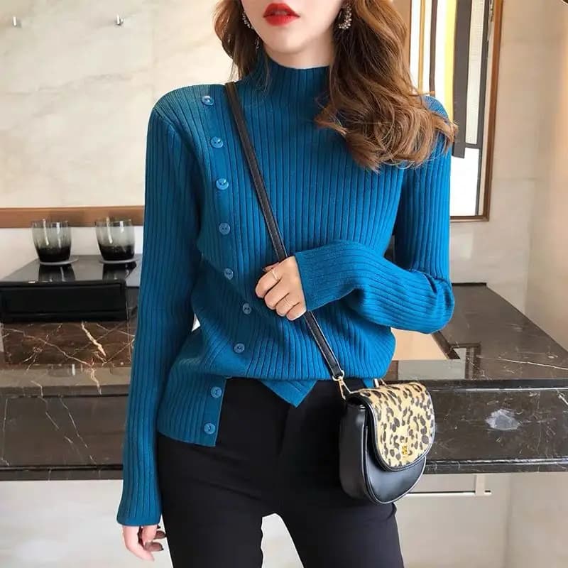 Autunno e inverno donna solido mezzo collo alto manica lunga sottile Pullover lavorato a maglia Underlay Single-breated Fashion Casual top