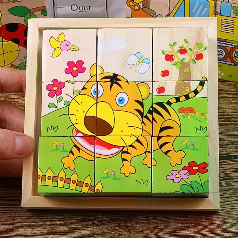 Set di 9 Giocattoli per Bambini, Blocchi di Legno, Cubo a Sei Lati, Puzzle, Gioco Educativo Divertente con Animali, Frutta e Mezzi di Trasporto