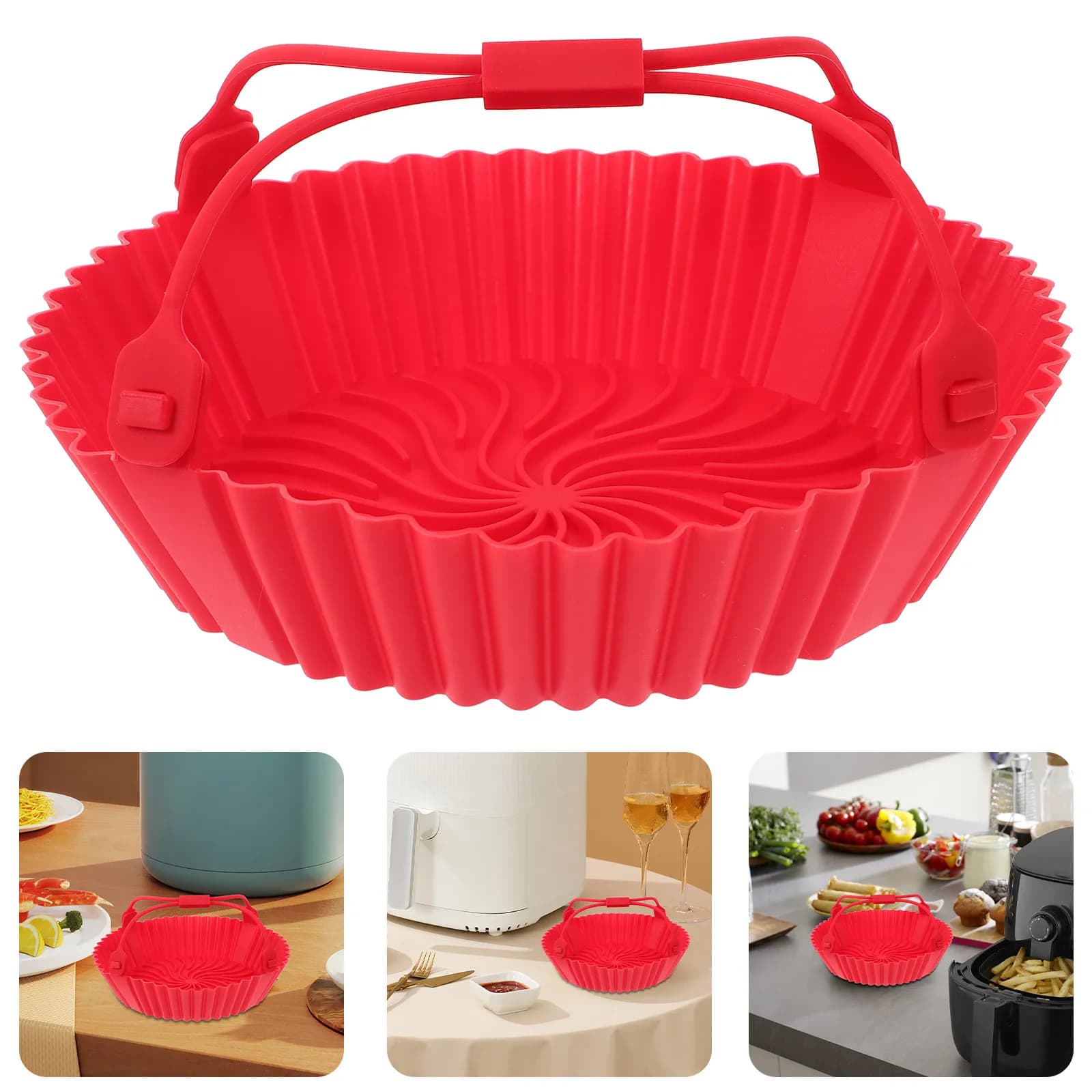 Tappetino in Silicone per Friggitrice ad Aria, Rotondo, Riutilizzabile, Antiaderente, Resistente al Calore, con Manico Portatile per Torte, Biscotti e Cucina Domestica
