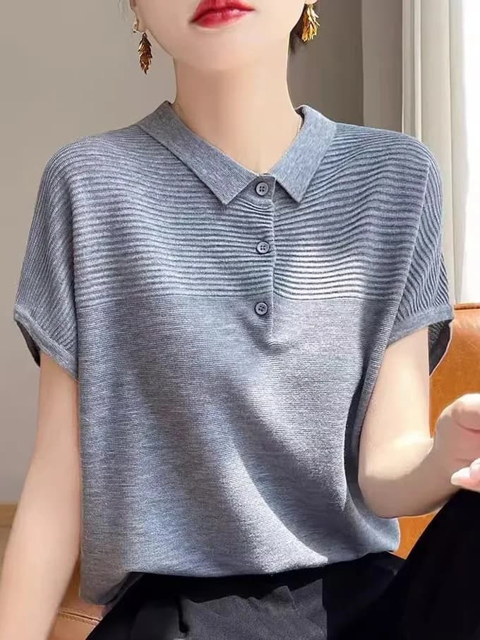 Casual Cotton Linen Knitted Short Sleeve Collar T-Shirt Women's Spring 2025 New Style Elegant Slim Fit Commute Fashion