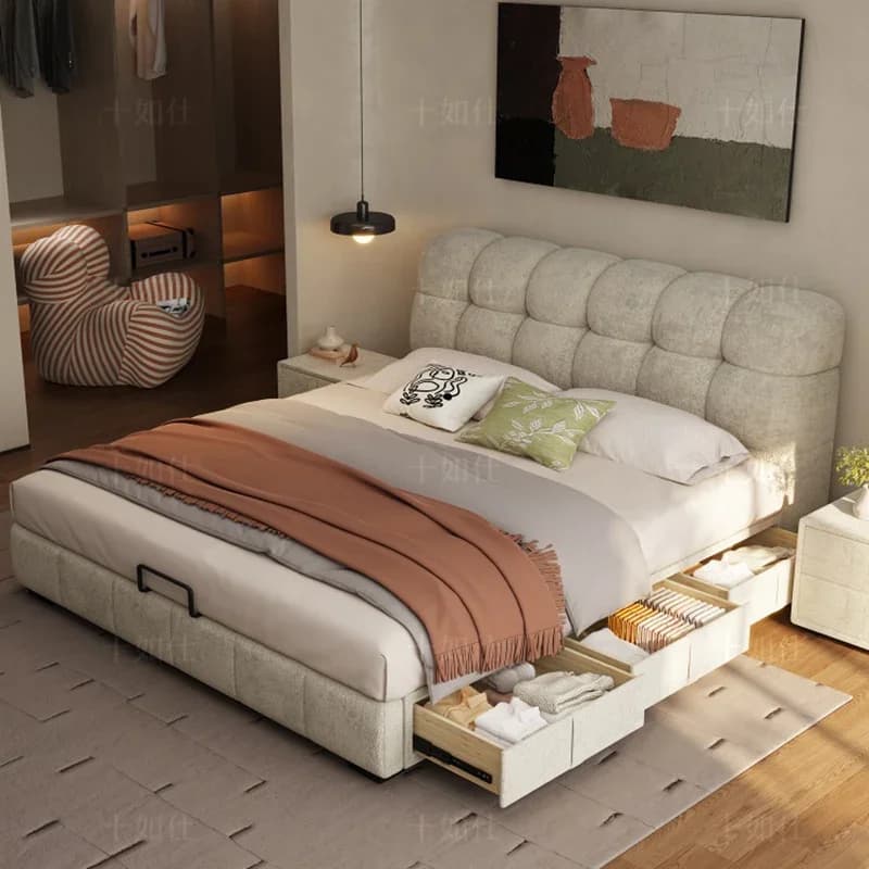 Letto dal design in legno, divano moderno king size, cane umano