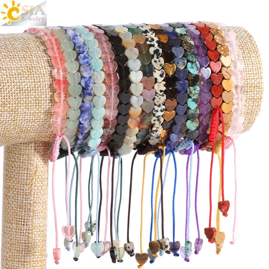 Bracciale rigido con perline a forma di cuore in pietra naturale per donna Ametiste energetiche Amazzonite Braccialetti intrecciati fatti a mano in cristallo Gioielli H643