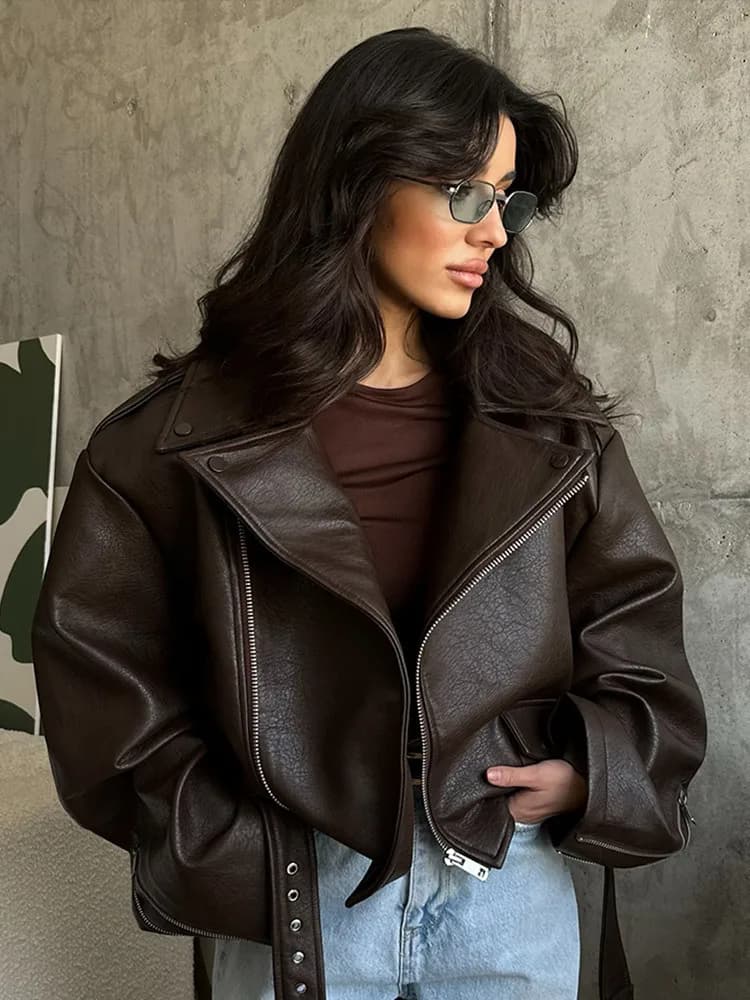 Con cintura Giacca in pelle Cappotto con lacci Vita stretta Colletto dimagrante Cerniera Giacche da motociclista Capispalla Cappotto da donna Streetwear