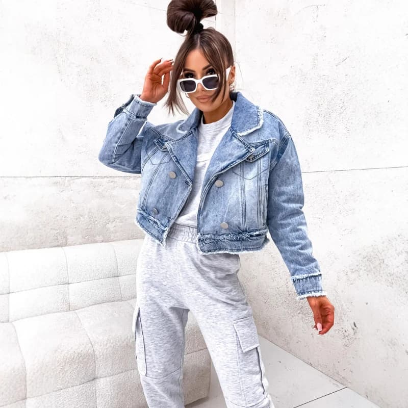 Women's jeans coat Short coats Overturned collar Single-breasted work jacket Streetwear Joint vests Y2k Casual 2025 Blue Spring