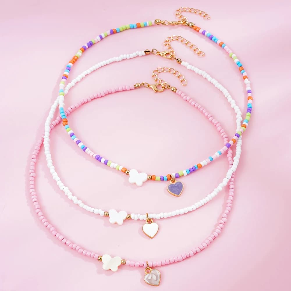 Set of 3 Dopamine Style Necklaces with Colorful Beads and Pendants to Heart and Butterfly, Boho Casual Jewelry for Daily Use