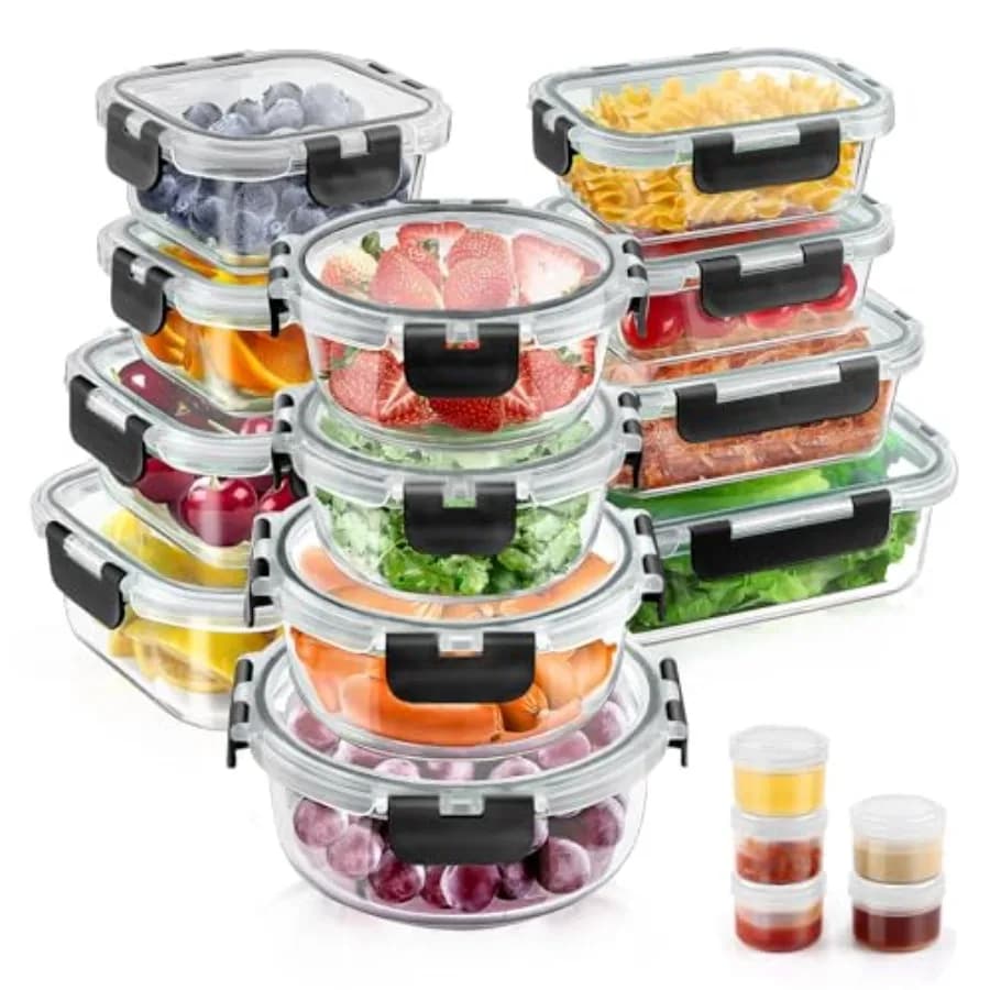 Set di 34 Contenitori in Vetro per Alimenti con Coperchi, Ermetici, per Preparazione Pasti, 17 Contenitori e 17 Coperchi, a Prova di Perdite, per Pranzo