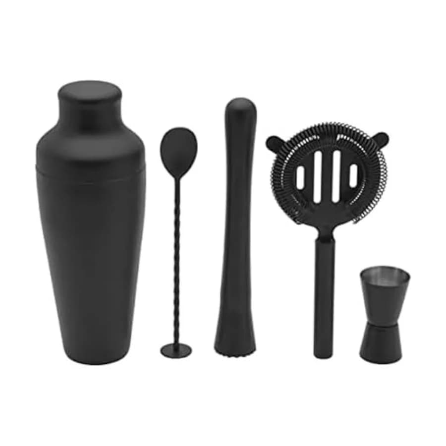 Set di 5 Utensili da Bar in Acciaio Inox - Shaker, Jigger, Colino, Muddler e Cucchiaio da Miscelazione con Finitura Nera Elegante
