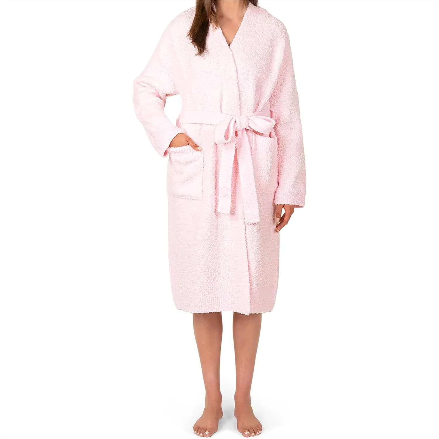 Women's Plush Robe with Pockets, Soft Cozy Fuzzy Bathrobe for Lounge, Mid-Length Tie Belt