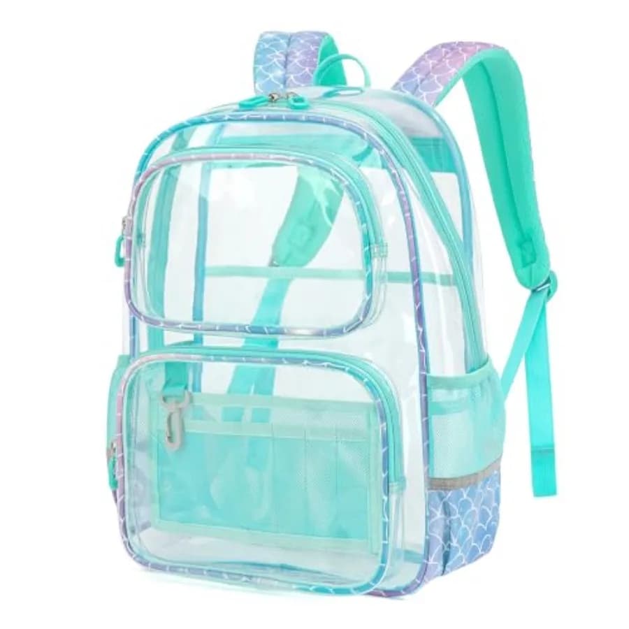 Clear Backpack for Girls, Heavy Duty PVC Transparent Bookbag for School, Funny Backpacks with Mermaid Print, Blue