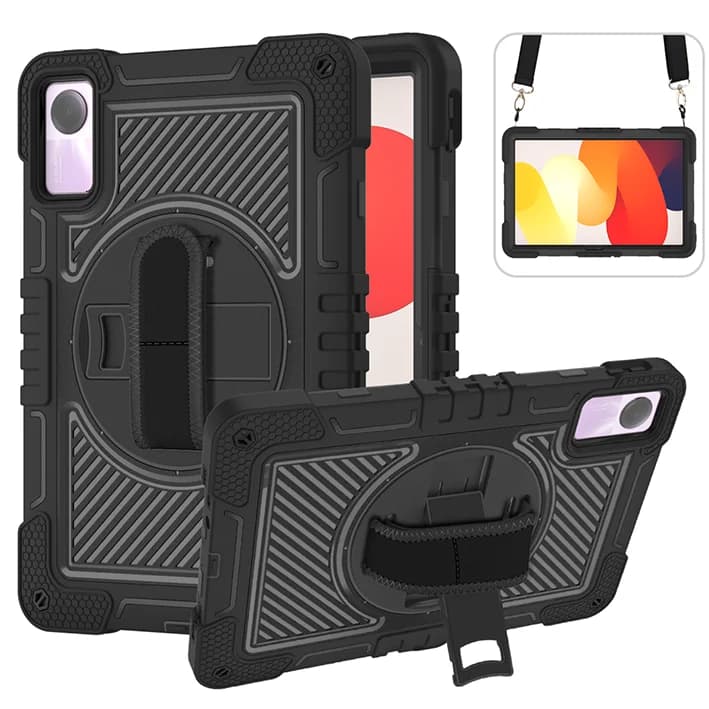 360 Rotating Stand Hybrid Case For Redmi Pad SE 2023 11 inch Model 23073RPBFG Silicone-PC Armor Rugged Cover With Shoulder Strap