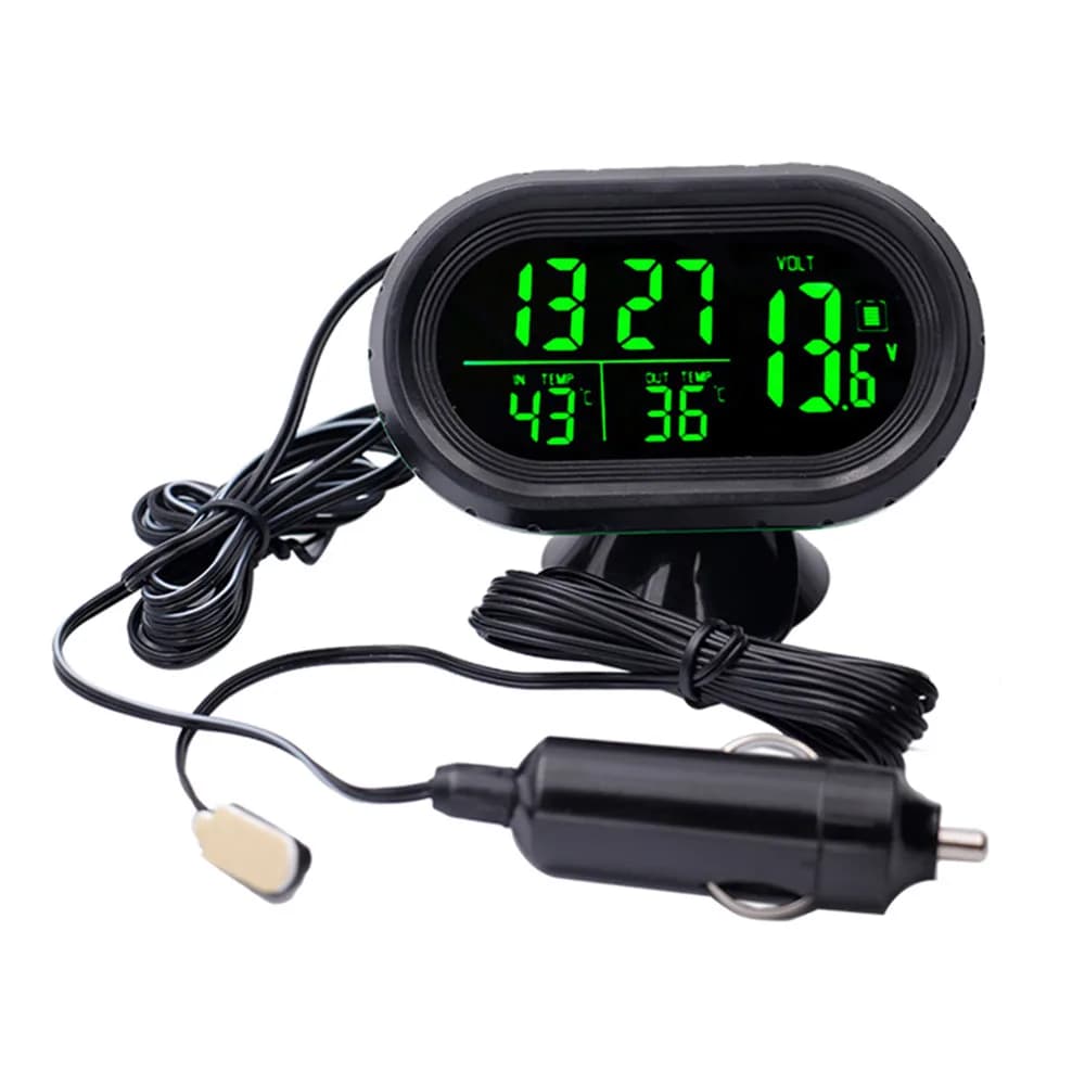 Digital Car Thermometer Temperature Monitor Car Ornament Luminous Clock Voltmeter Dc12v-24v Time Date Dual Display Freeze Alert