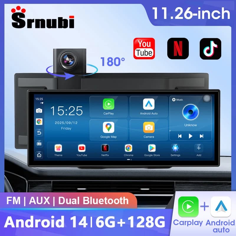 DVR for Android Cars 14 from 11,26 Inch, 6G+128G, Multimedia Player for Auto, Carplay Wireless, Android Auto, WIFI, Dash Cam, Supports Youtube and Netflix
