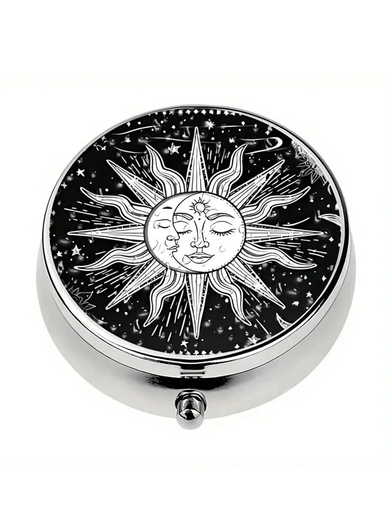 Portapillole portatile a 3 scomparti, scatola decorativa in metallo per la conservazione delle vitamine, regalo (design unico con sole e luna)