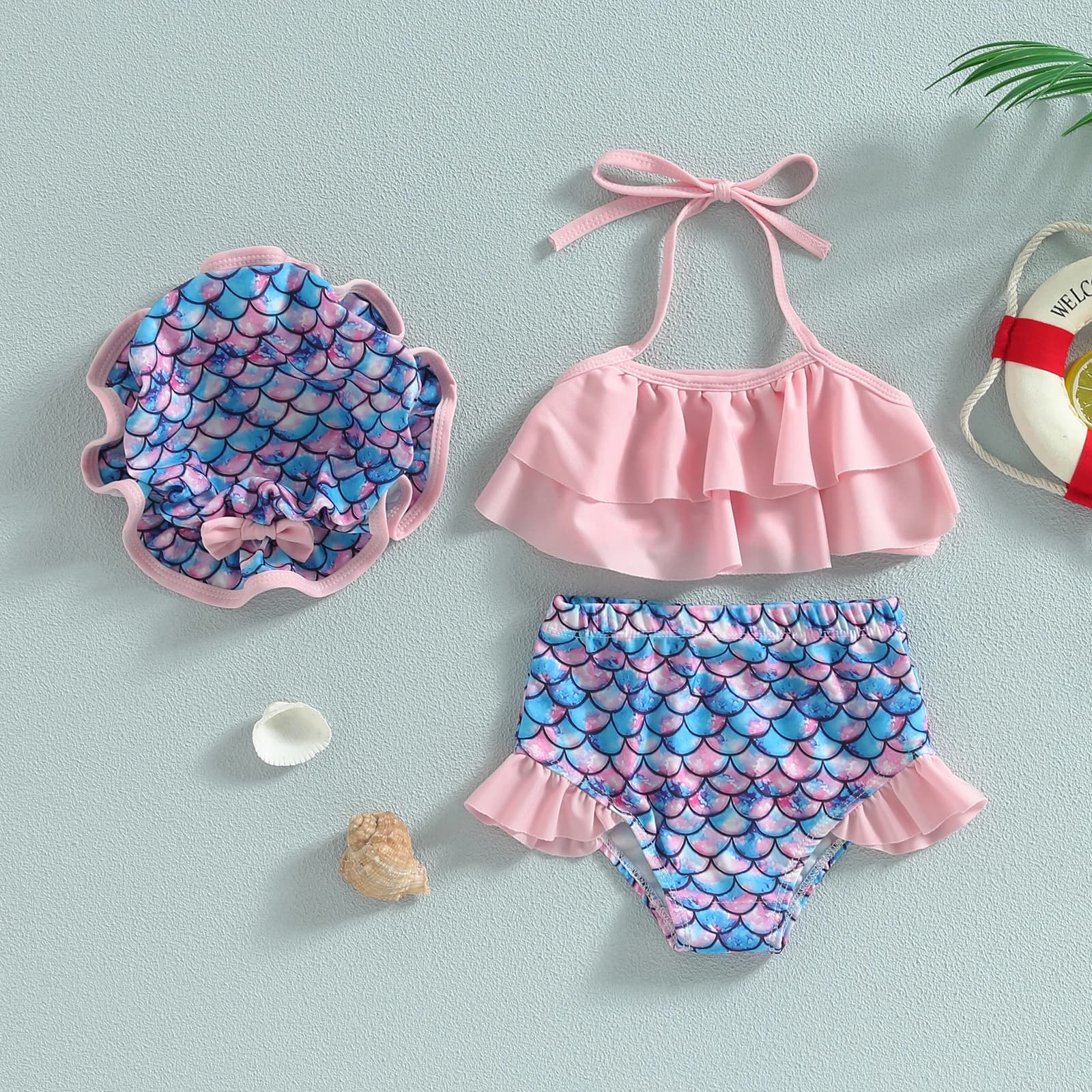 Yiiciovy Sweet Baby Kids Girls Bikini Set Swimwear Sleeveless Suspended Neck Swimwear Pool Shorts Swimwear with Hat Swimwear