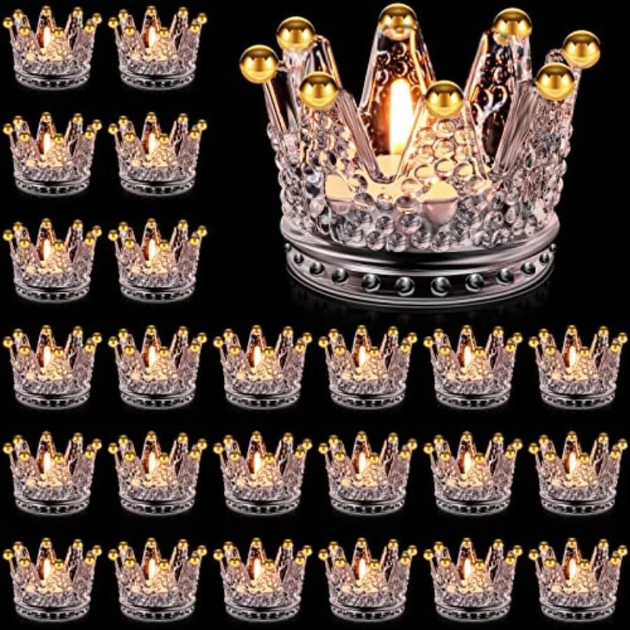 Set di 24 Portacandele a Corona in Vetro per Compleanno, Supporti per Candele Tealight a Corona, Candeliere per Centrotavola