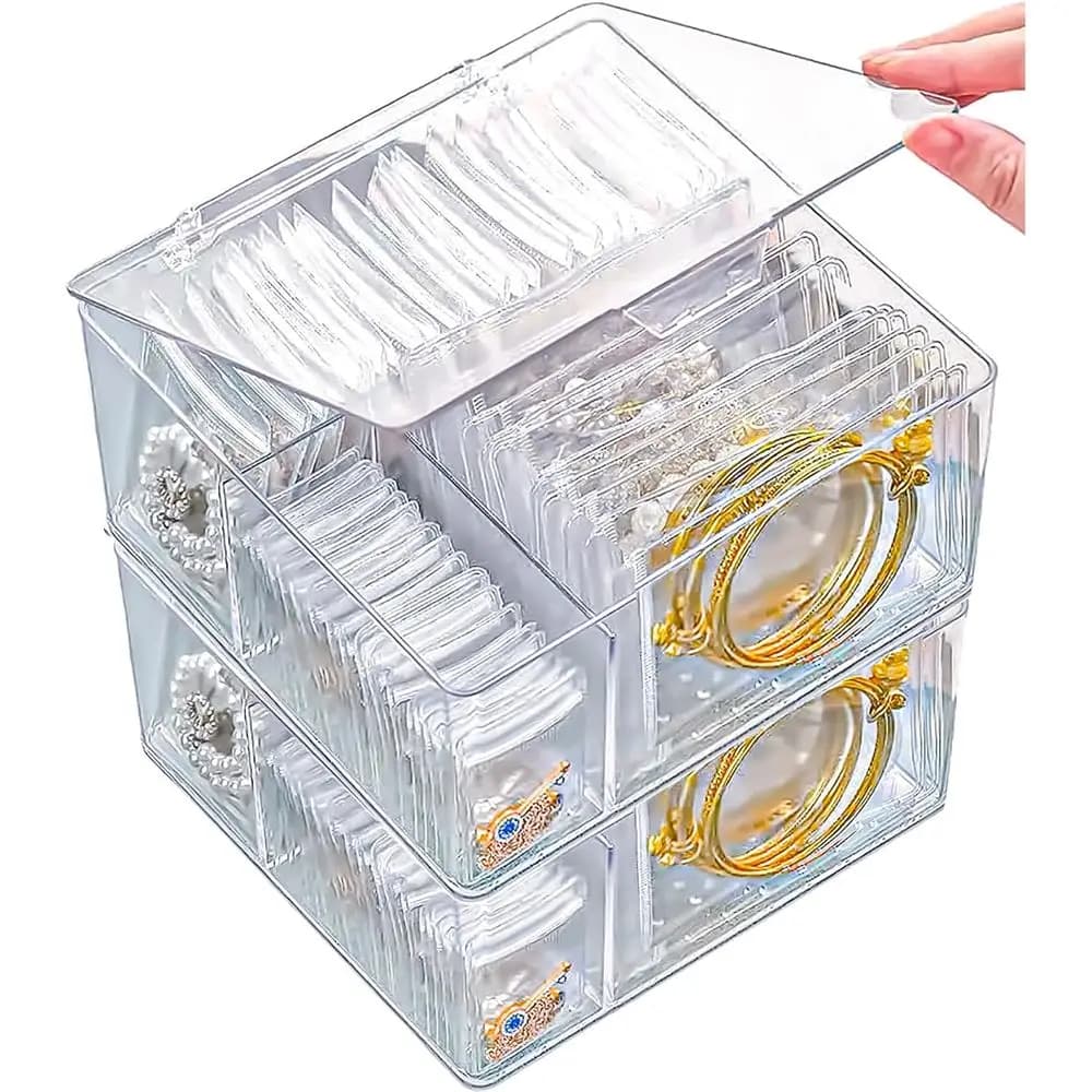 Pack of 2 organizers and containers for acrylic jewelry 4 in 1 with 120 anti-oxidation portable bags, transparent jewelry organizer, travel case for jewelry