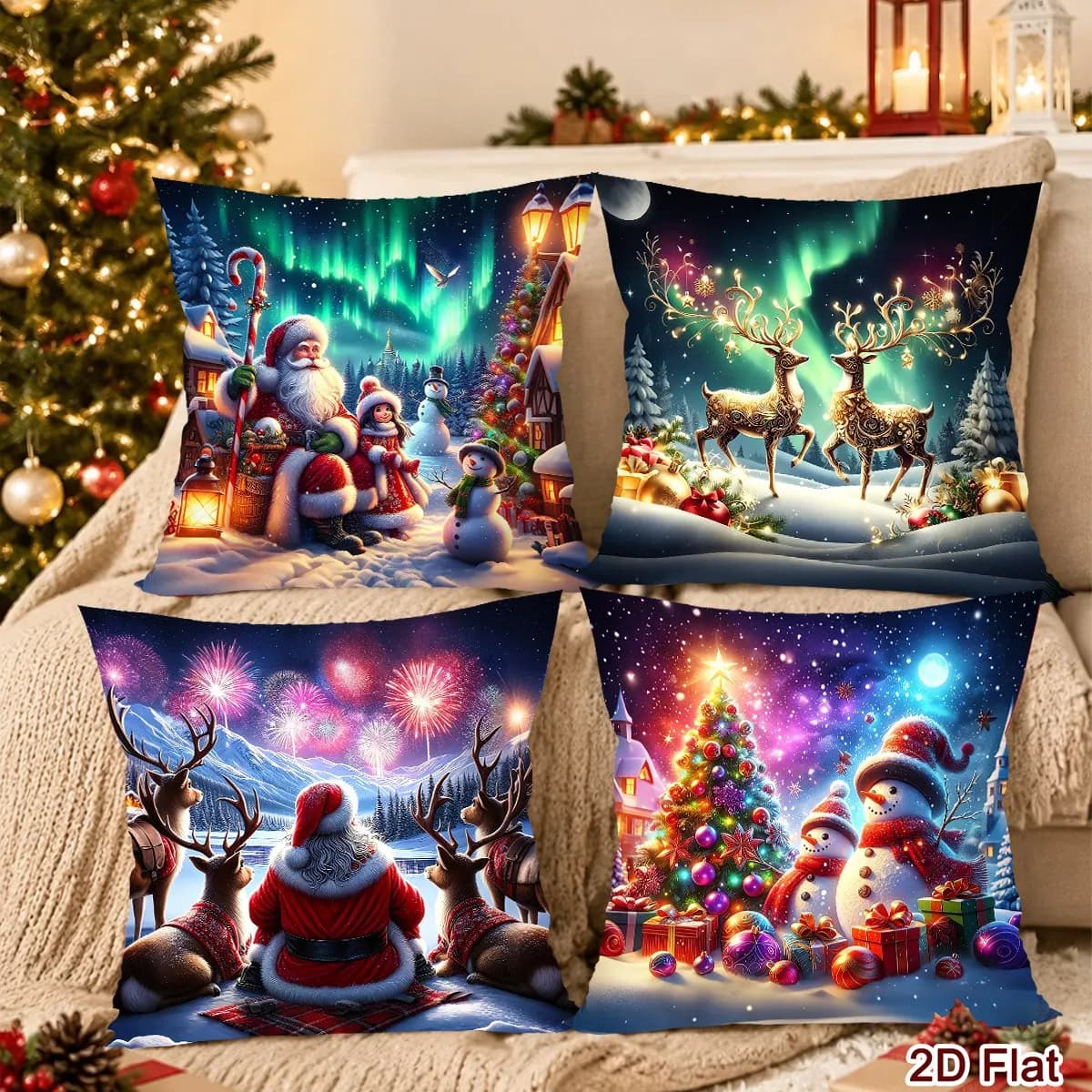 4pcs Christmas Pillow Covers Aurora Snowman Cushion Covers Christmas Decor for Home Sofa Bedroom Couch New Year Party Supplies