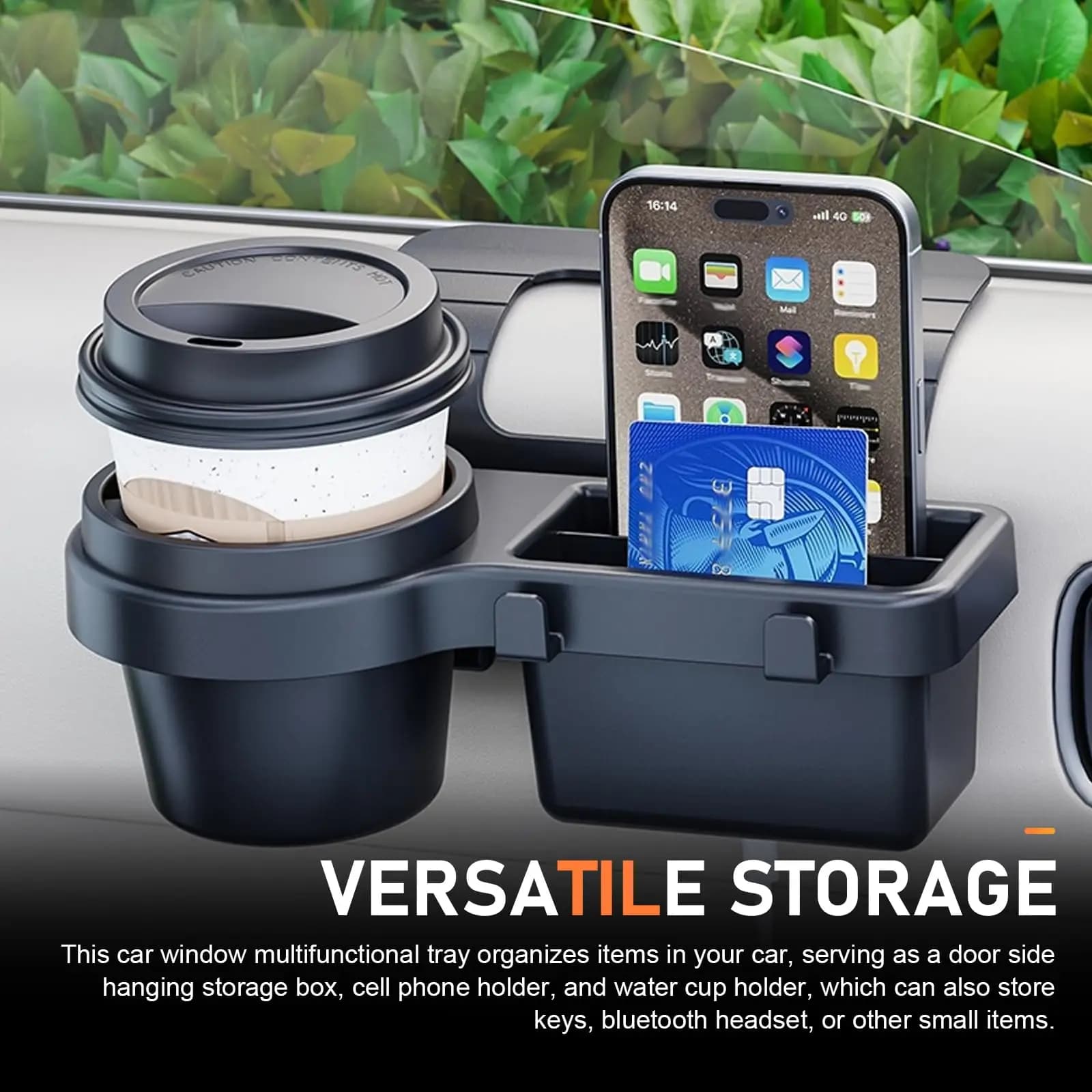Car telephone stand with glasses holder, hanging tray for door or window, with car interior accessories