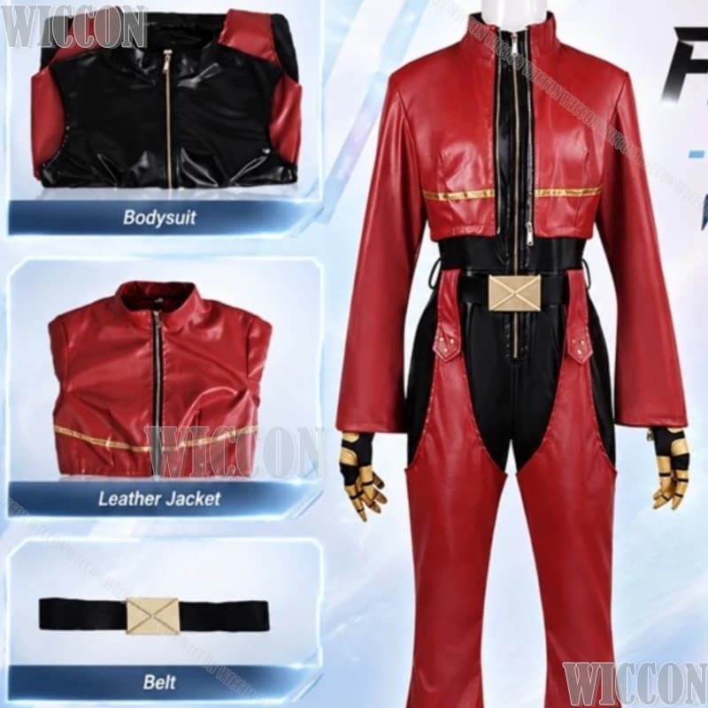 Kula Diamond Cosplay KOF Handsome Pu Punk Red Short Jacket Pants Jumpsuit Blue Wig Halloween Christmas Festival Fancy Comic Con