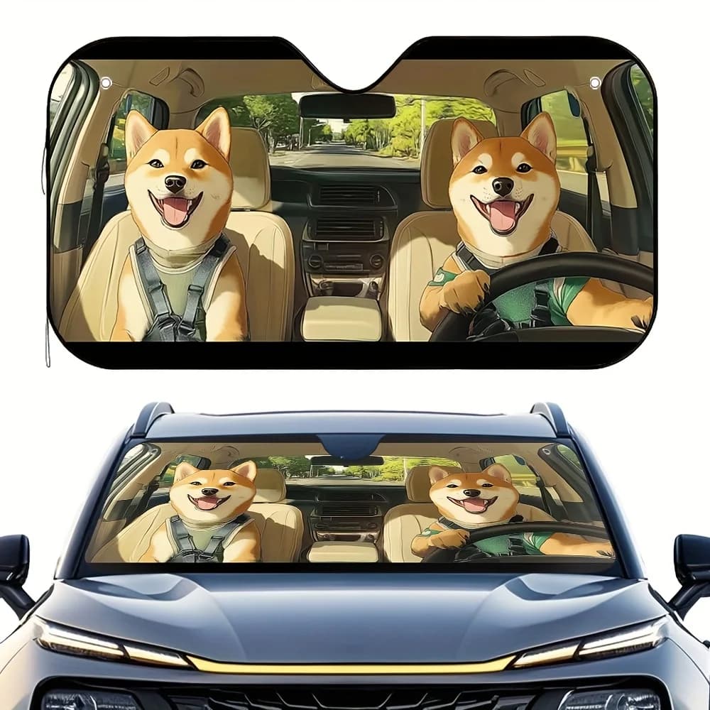 1pc Shiba Inu Guida Divertimento Paesaggio Stampa Parabrezza per auto Parasole - Adatto per lunotto anteriore con 4 ventose, Cute Dog Desig