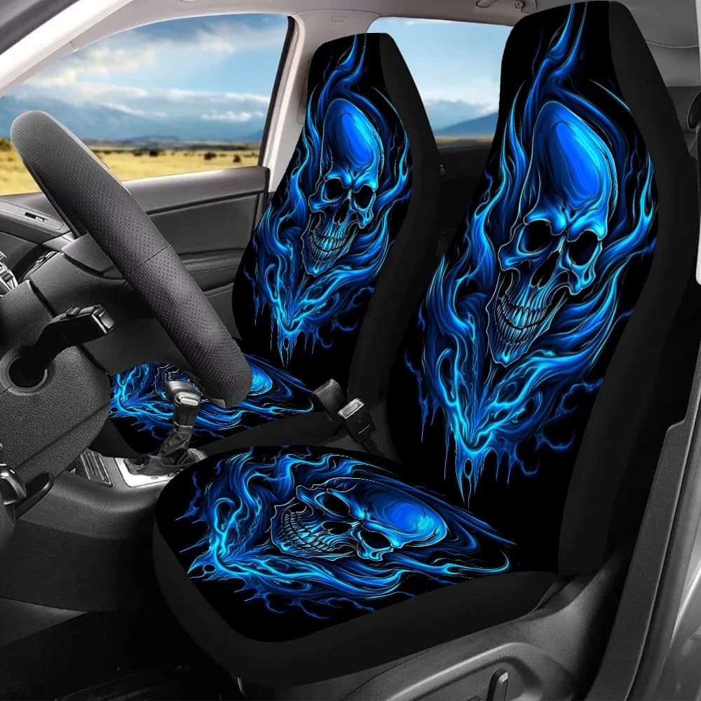 Car seat covers with design skull and flame suitable: durable canvas with sponge padding, nonwoven, blue flame pattern for maximum comfort